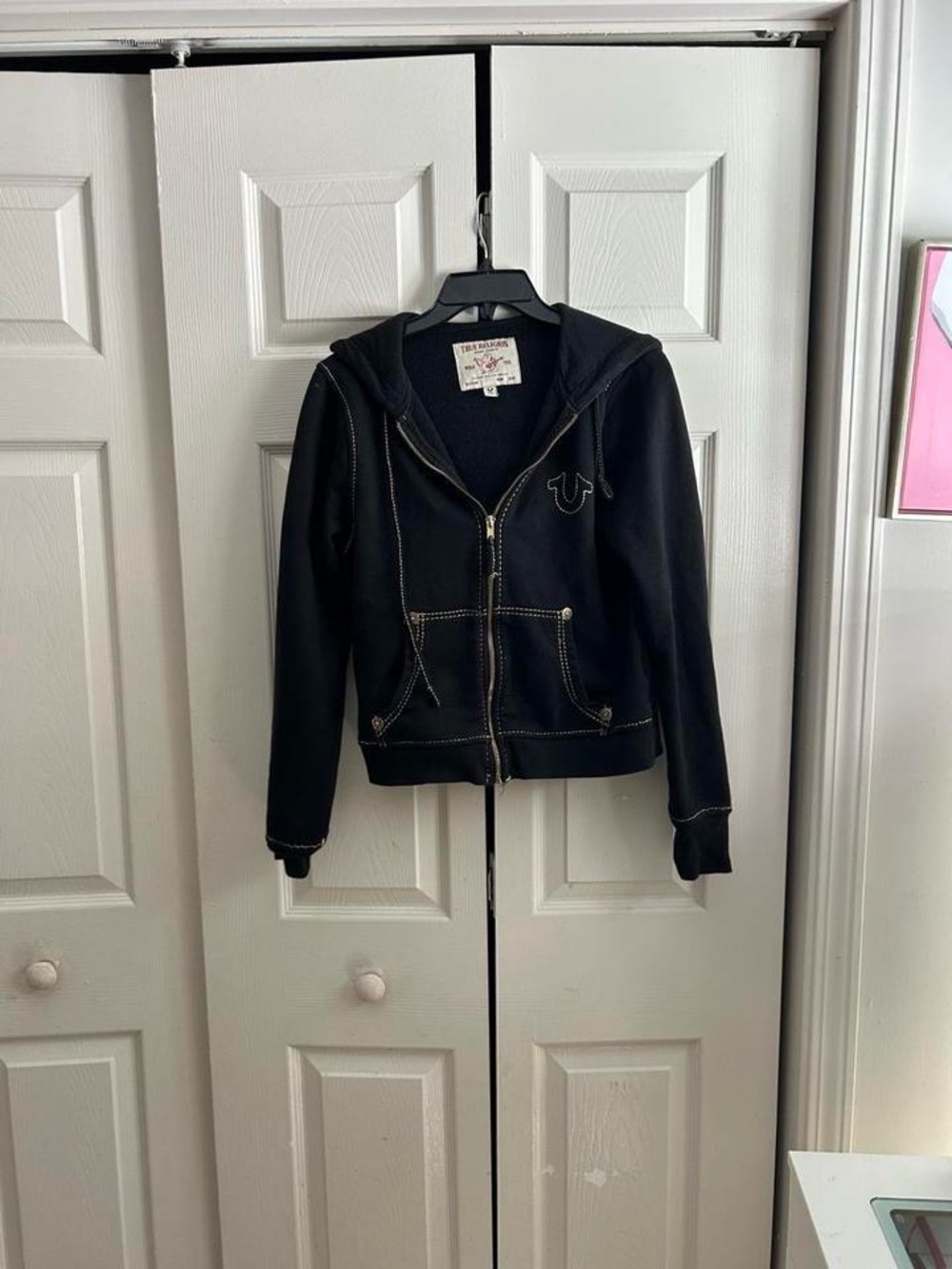 True Religion Black Zip-Up Hoodie with Contrast Stitching